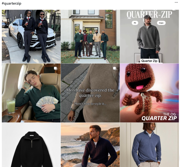 인스타그램에 쿼터집(Quarter-Zip)을 검색한 결과. 여러 남성이 쿼터집 스웨터를 입은 사진을 게시하고 있다. 인스타그램 갈무리