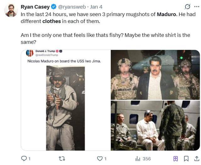 4일 X 이용자 중 한 명이 캡처해서 올린 마두로 사진들 속 마두로의 복장이 모두 다르다는 점을 지적하고 있다. X 캡처