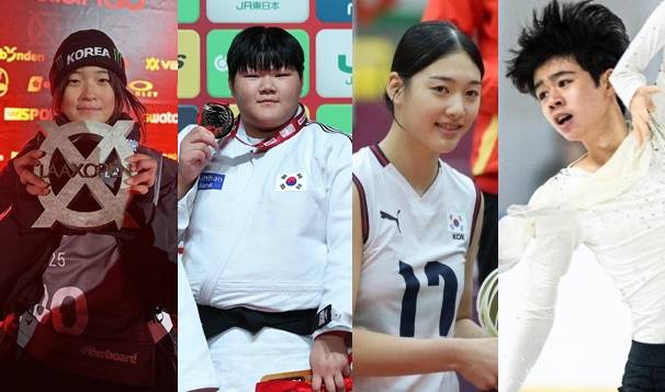 스노보드 최가온, 유도 이현지, 배구 손서연, 피겨 서민규(왼쪽부터)