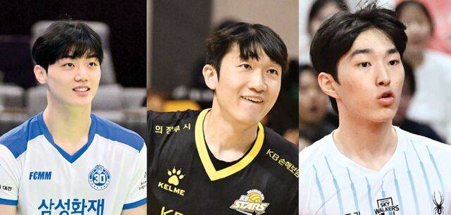 남자 배구에서도 신인 경쟁이 치열하다. 왼쪽부터 이우진(삼성화재)과 이준영(KB손해보험), 김진영(현대캐피탈). 한국배구연맹(KOVO) 제공