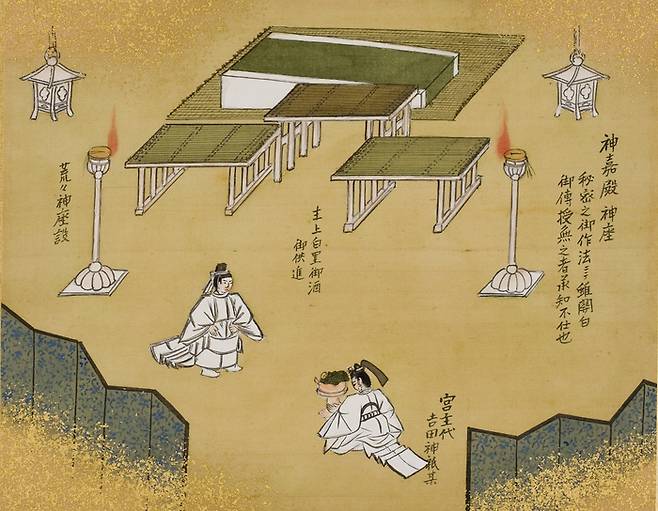 궁정 행사를 글과 그림으로 기록한 화첩 중 니이나메사이(일왕이 직접 그 해에 수확한 곡식을 신에게 바치고 본인도 그것을 먹는 제사) 장면 <국립고궁박물관>