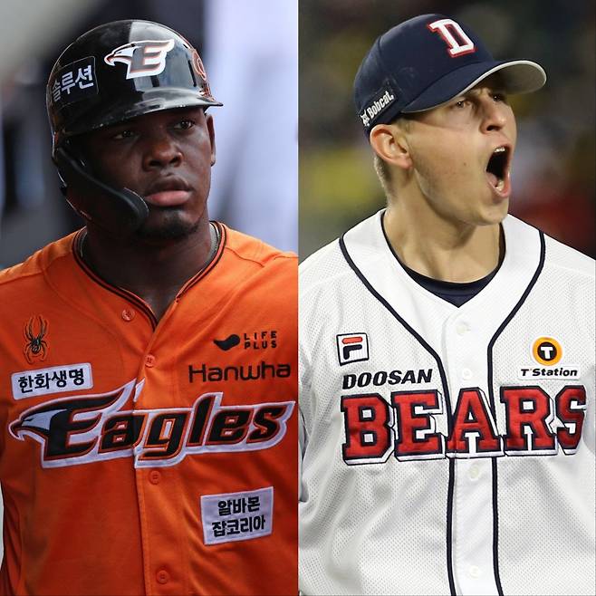 KBO리그 경력자 한화 요나단 페라자(왼쪽)과 두산 크리스 플렉센은 팀에 부족한 부분을 채우며 우승을 위한 열쇠가 될 수 있을까. 사진제공｜한화 이글스·두산 베어스
