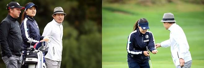 프로암대회 도중 전인지에게 공을 건네는 안성기. 박태성 작가 제공