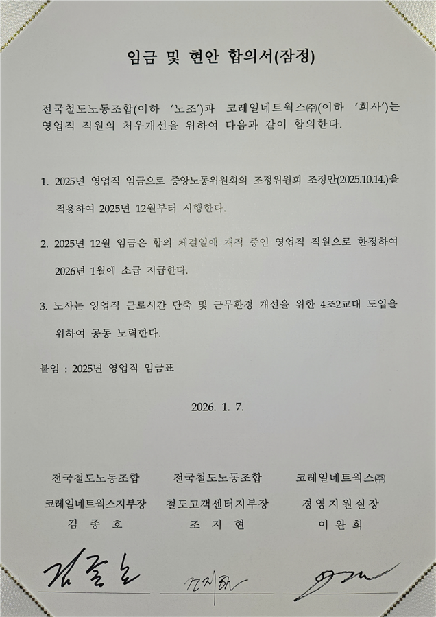 7일 코레일네트웍스 노사 대표자들이 서명한 임금인상 잠정 합의안. 민주노총 공공운수노조 제공