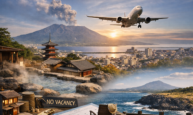 일본 도시와 제주 풍경이 대비되는 설 연휴 여행 이미지.