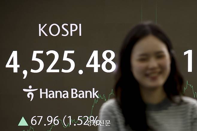 코스피가 사상 첫 4500을 돌파한 6일 서울 중구 하나은행 딜링룸 전광판에 종가가 표시돼 있다. 문재원 기자