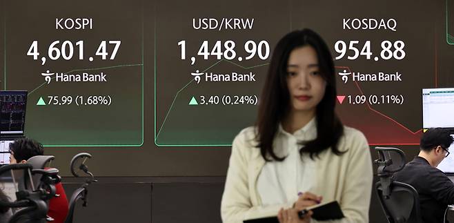 7일 서울 중구 하나은행 딜링룸 현황판에 코스피 지수 등이 표시되고 있다. [연합뉴스]