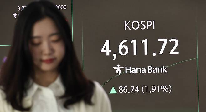 7일 서울 중구 하나은행 딜링룸 현황판에 코스피 지수 등이 표시되고 있다. [연합뉴스]