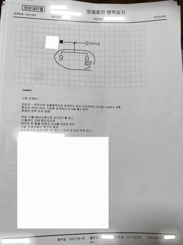 2017년 2월 김샛별(가명) 00대학병원 정신과 초진 기록지 "시설 선생님에 따르면 작년 10월 페이스북으로 남자 친구를 만나 12월까지 교제했던 것으로, 헤어진 말을 안 하고 식사를 안 하려 하여 선생님들이 확인한 결과 남자친구와 성관계를 5회 가졌던 것으로 추측된다"고 기록돼 있다. [사본 김샛별 제공]
