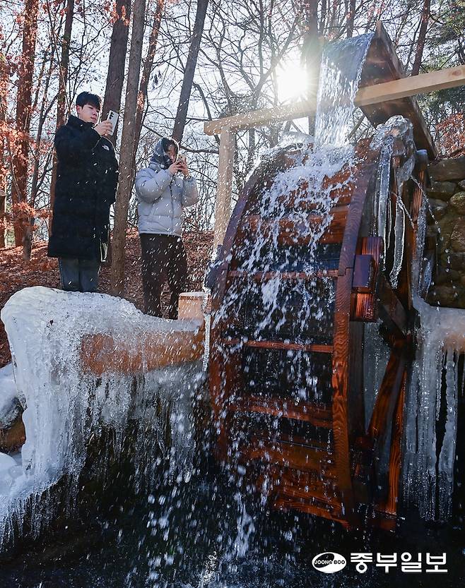 영하 10도 안팎의 강추위가 찾아온 8일 오전 용인시 한국민속촌 물레방아에 고드름이 얼어 있다. 임채운기자