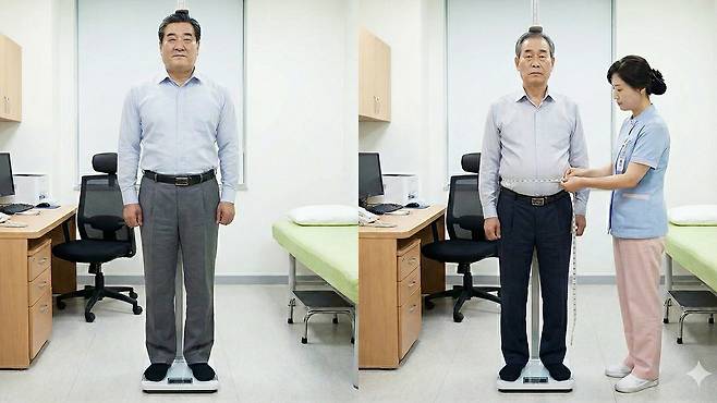 고령층은 근육량 감소로 BMI 비만율이 감소하는 것처럼 보여 복부 비만 지표를 함께 확인해야 한다｜출처: Gemini 생성
