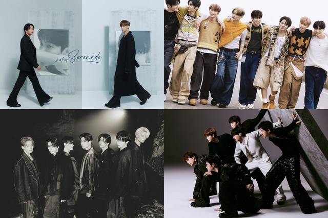 세븐틴의 새로운 유닛 도겸x승관, 가장 주목받는 신인 알파드라이브원, 왕의 귀환을 알린 엑소, 글로벌 최정상으로 자리매김한 엔하이픈(왼쪽 위부터 시계 방향)이 1월 차례로 컴백한다. /각 소속사