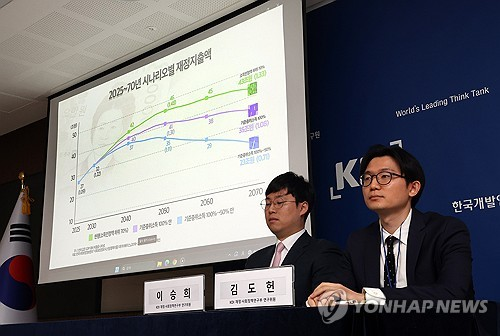 한국개발연구원(KDI) 이승희(왼쪽), 김도헌 연구위원이 지난해 2월 25일 정부세종청사에서 KDI FOCUS ‘기초연금 선정방식 개편방향’을 발표하고 있다.  [연합뉴스]