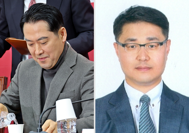 장동혁  국민의힘 당대표가 8일 국회에서 열린 당 최고위원회의에서 물을 마시기 위해 컵에 물을 따르는 모습(왼쪽), 같은 날 국민의힘이 임명안을 의결한 윤민우 중앙윤리위원장(오른쪽).<연합뉴스 사진·가천대 홈페이지 사진 갈무리>
