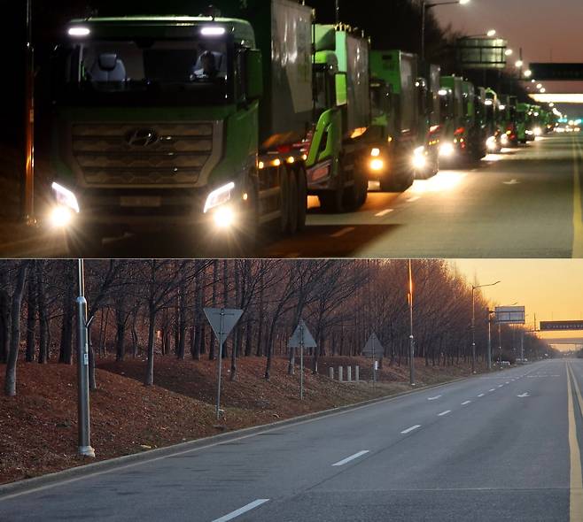 수도권 생활폐기물 직매립 금지 조치가 시행된 지난 2일 인천시 서구 수도권매립지 통합계량대 인근 도로가 비어 있는 모습(아래)과 시행 전인 지난달 22일 생활폐기물 반입 차량이 대기 중인 모습(위). 연합뉴스