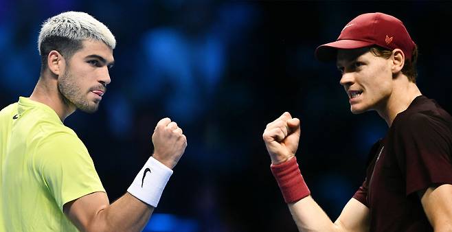 Spain's Carlos Alcaraz, left, and Italy's Jannik Sinner are seen in this composite photo created on Jan. 7. [YONHAP]