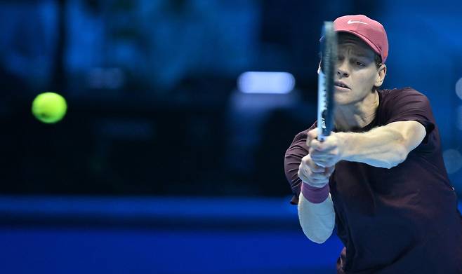 Jannik Sinner of Italy in action during the men's singles final match against Carlos Alcaraz of Spain at the ATP Finals in Turin, Italy, on Nov. 16, 2025. [EPA/YONHAP]