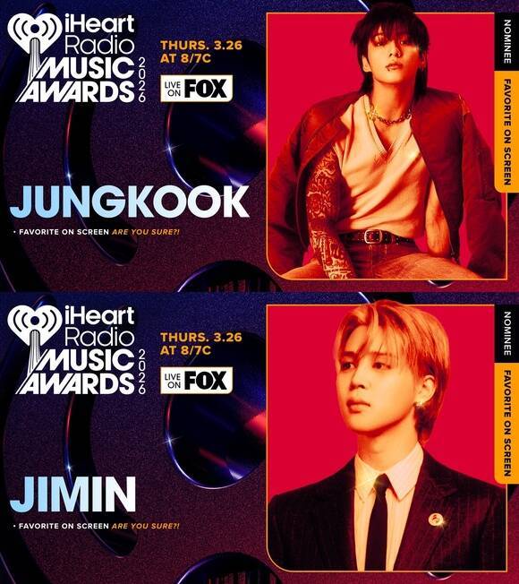 방탄소년단의 정국(위)과 지민은 디즈니+ 오리지널 시리즈 '이게 맞아?!' 시즌2로 '페이보릿 온 스크린' 경쟁작에 선정됐다./아이하트라디오