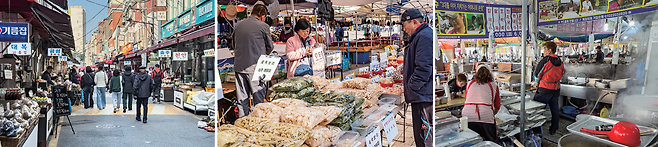 1 기름집이 다닥다닥 붙어 있는 기름 골목. 2 없는 것 빼고는 다 있는 모란시장. 3 저렴하면서도 풍성한 모란시장 먹거리. / 사진 최갑수