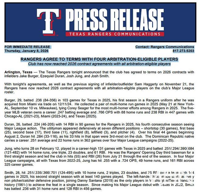 (텍사스 구단이 MHN에 보내온 보도자료)