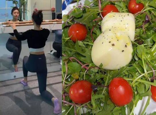 김빈우가 바레를 하고 있는 모습과 그가 직접 만든 샐러드. 사진=김빈우 인스타그램