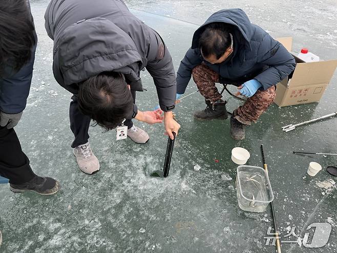 춘천시 단속반이 지난 9일 강원 춘천 사북면 지촌리 하천에 얼음낚시를 하고 있는 한 낚시꾼의 얼음 두께를 재고 있다.2026.1.9 한귀섭 기자