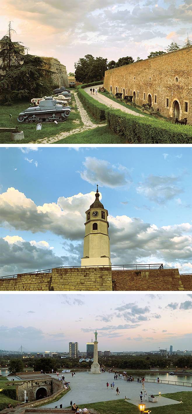 (위로부터)강 주변 절벽 같은 능선에 위치한 고대 요새, 빅토르 동상이 자리한 일몰 명소