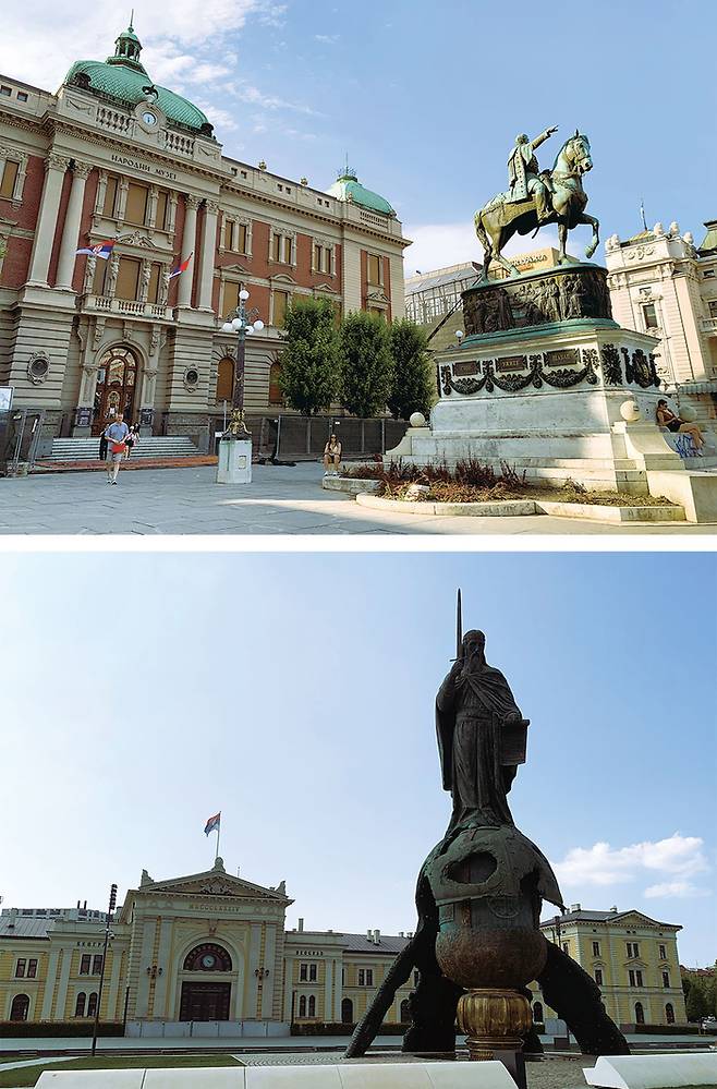(위)세르비아 국립박물관이 있는 공화국 광장 입구 (아래)중세 세르비아 창시자인 슈테판 네마이나 동상과 그 뒤의 베오그라드 기차역 건물