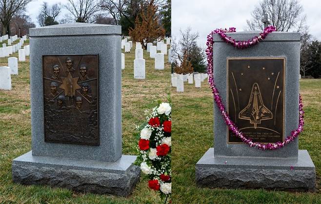 미국항공우주국(NASA) 추모공원의 챌린저호 추모 비석(왼쪽)과 컬럼비아호 추모 비석(오른쪽). NASA는 전시관과 추모공원을 통해 과거의 비극을 기억하고 있다. NASA 제공