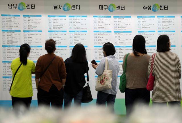 2022년 9월 2일 대구 북구 엑스코에서 열린 2022 여성 UP 엑스포에서 여성 구직자들이 채용알림판을 보고 있다. 연합뉴스