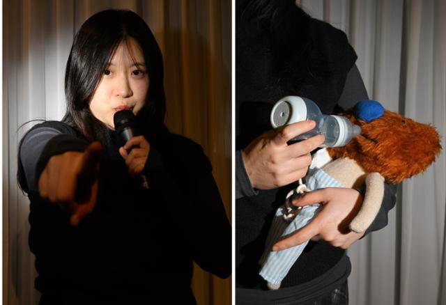 지난해 12월 26일 서울 성동구 성수동의 한 펍에서 '엄마' 스탠드업 코미디언 이유진씨가 본보 취재에 응하고 있다. 이유진씨가 젖병을 아이에게 물리는 모습을 재연하고 있다(오른쪽 사진). 최주연 기자