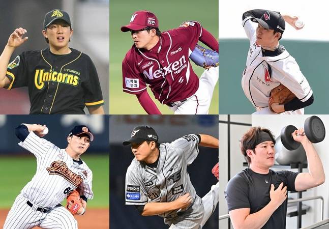 장시환이 거쳐간 팀. 왼쪽 위부터 시계방향으로 현대, 넥센, KT, 개인훈련, 한화, 롯데. /사진=OSEN 제공