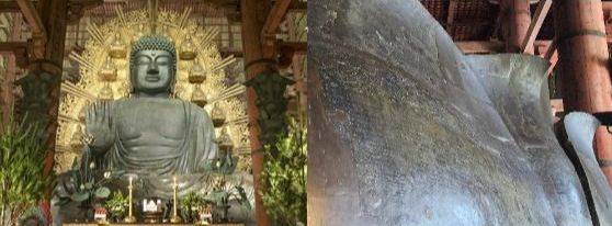 도다이지 청동 대불(왼쪽)과 하단 연꽃잎에 그려진 조각(오른쪽)