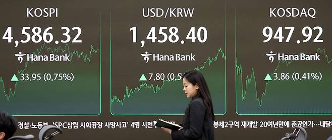 지난 9일 오후 서울 중구 하나은행 본점 딜링룸 전광판에 증시 종가 시황이 나타나고 있는 가운데 원달러환율이 1458.40을 나타내고 있다. [뉴스1]