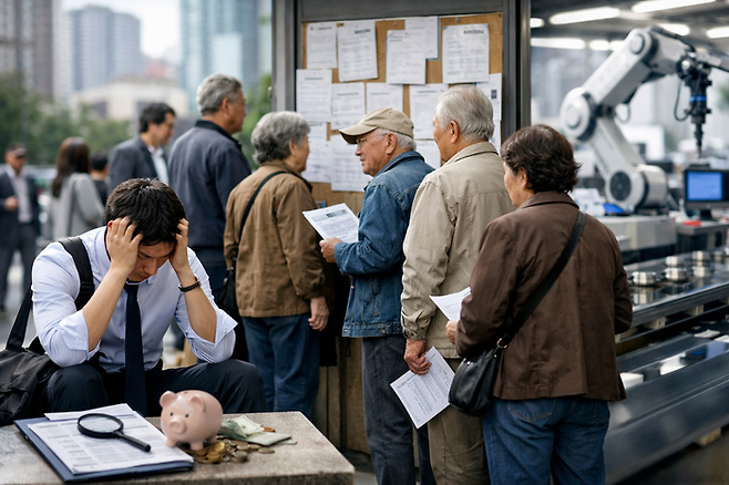 부모 경제력에 기대는 청년은 늘고 자녀 부양과 생계를 위해 일자리를 찾아 나서는 고령층이 늘며 사회에 세대간 일자리 전쟁 갈등이 커질 우려가 나오고 있다. 기사 이해를 돕기 위한 AI 이미지. [챗GPT]