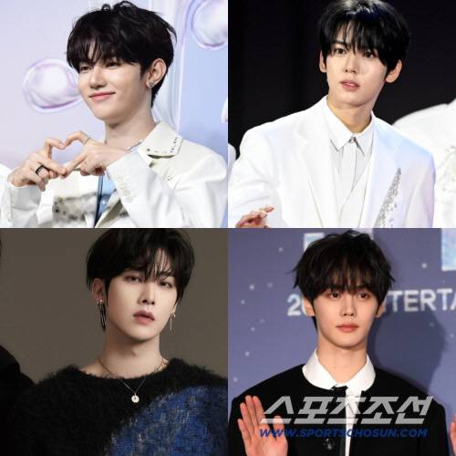 (왼쪽 위부터 시계방향으로). 제로베이스원 장하오, 한유진, 김규빈, 리키. 사진=스포츠조선DB, Numero TOKYO