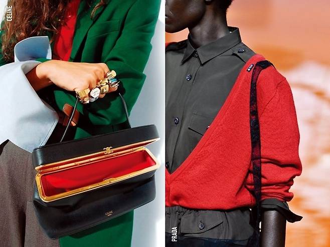 어깨 라인의 작은 라벨로&nbsp;지적인 미학을 드러낸 프라다(오른쪽).