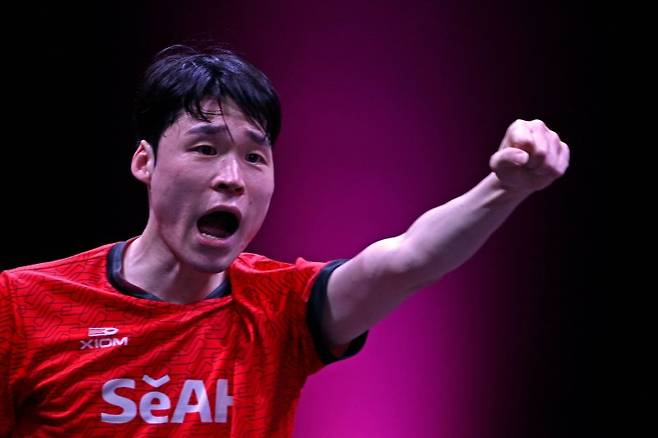 WTT 챔피언스 도하에서 린스동을 꺾은 장우진.연합뉴스