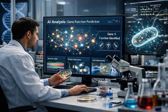 KAIST 등 국제연구팀이 AI를 활용해 미생물 유전자 기능 발견을 획기적으로 가속할 수 있는 최신 연구 접근법을 체계적으로 정리·분석한 리뷰논문을 발표했다(AI 생성 이미지). [사진=KAIST]