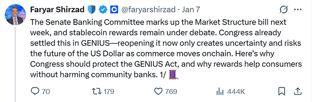 파리아르 시르자드 코인베이스 최고정책책임자(CPO)가 미 상원의 스테이블코인 리워드 규제 논의를 비판하고 있다. 그는 이번 규제가 달러 패권의 미래를 위협할 수 있다고 경고했다. [출처 =엑스(X)]