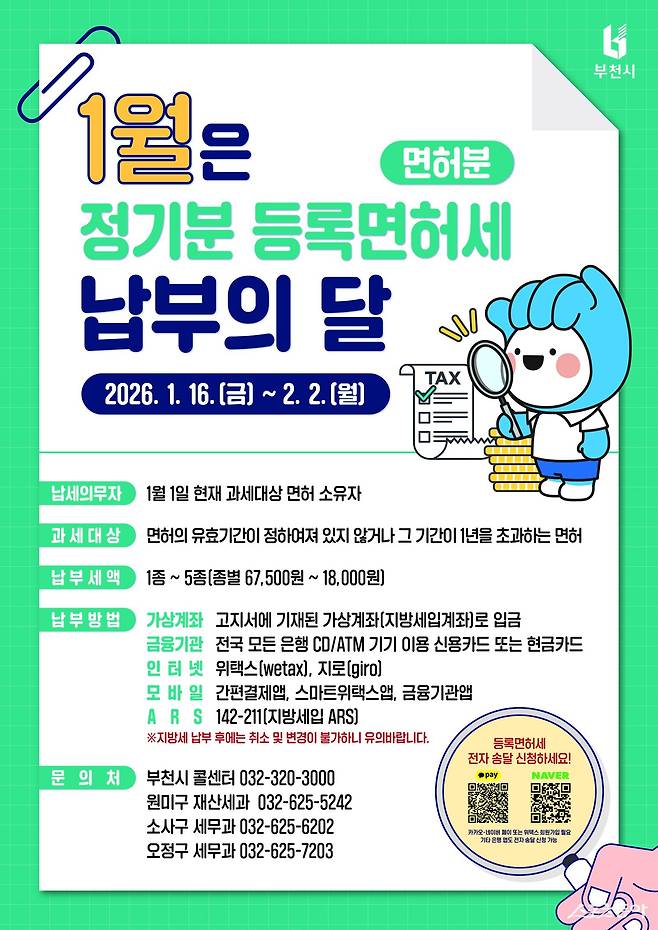 부천시는 2026년 1월 정기분 등록면허세(면허분) 9만 1천 건, 총 30억 원을 부과했다(포스터). 사진제공｜부천시