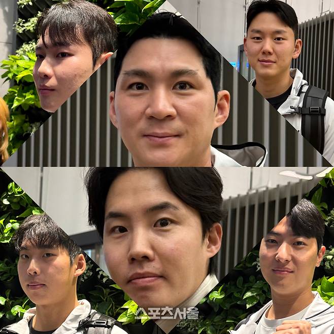 LG 조기 캠프 주선자인 오지환, 임찬규(가운데). 그리고 양 사이드에 있는 네 선수는 두 선수의 금전 지원을 통해 조기 캠프로 떠나는 선수들이다. 시계방향으로 이주헌, 이정용, 추세현, 김영우. 인천공항 | 박연준 기자 duswns0628@sportsseoul.com