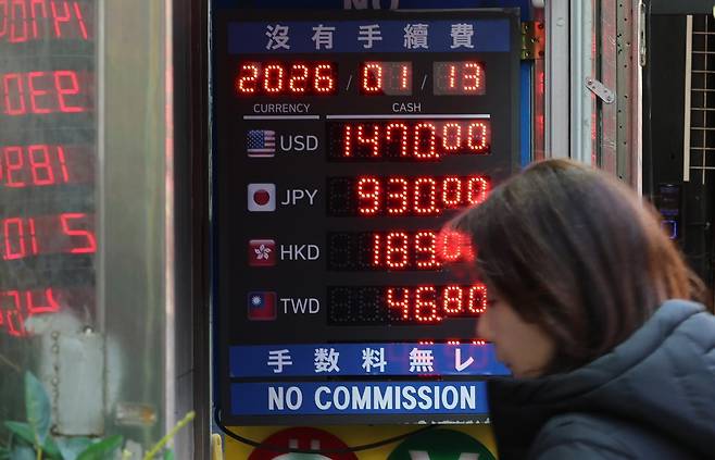 13일 오전 서울 중구 명동의 환전소에 원-달러 환율 시세 등이 표시돼 있다. 이날 서울 외환시장에서 원-달러 환율은 1470원대에 거래되고 있다. 뉴시스