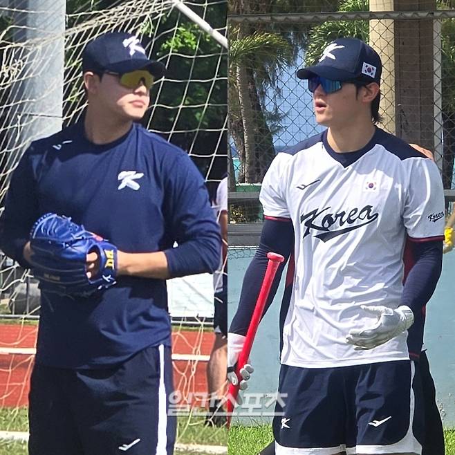 사이판 올레아이 스포츠 콤플렉스에서 훈련 중인 문동주-김도영. IS 포토