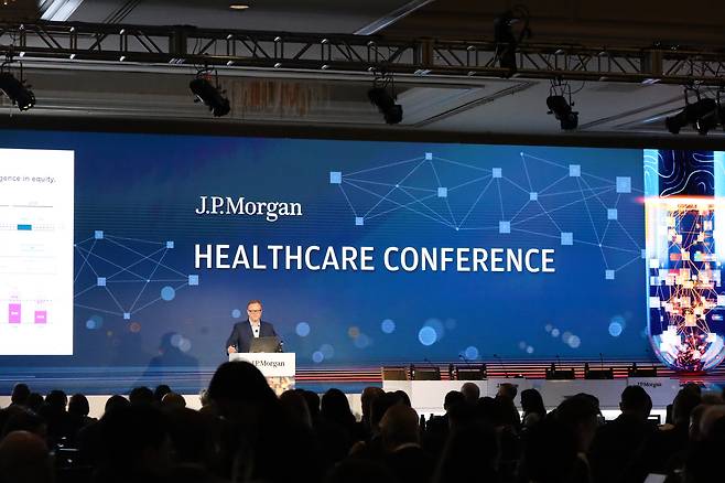 Jeremy Meilman, global head of healthcare investment banking at J.P. Morgan, delivers opening remarks at the 44th J.P. Morgan Healthcare conference’s on Jan. 12. [J.P. MORGAN HEALTHCARE CONFERENCE]