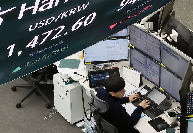 A screen in Hana Bank's trading room in central Seoul shows the dollar-won exchange rate at around 10:20 a.m. on Jan. 13. [NEWS1]