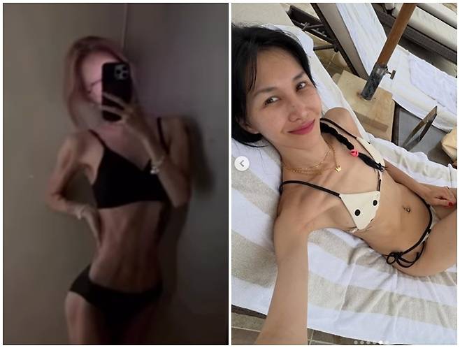 발리 여행 중 비키니 몸매를 공개한 전 발레리나 윤혜진과 “X말라를 추구한다”며 또 한 번 강도 높은 다이어트를 예고한 최준희가 나란히 이른바 ‘뼈말라’ 키워드로 화제의 중심에 섰다. / 사진 = 최준희, 윤혜진 SNS