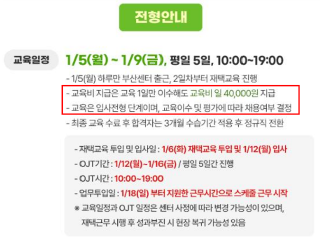 ▲트랜스코스모스코리아의 쿠팡이츠 상담사 채용공고. 교육기간은 5일이고 교육비는 하루 4만 원인데, '교육 1일만 이수해도' 지급한다고 되어 있다.