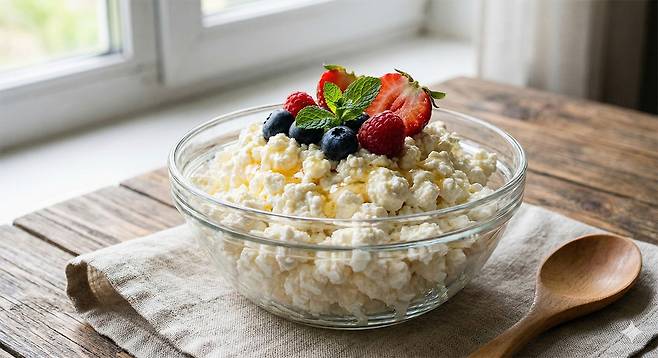 코티지치즈 속 카제인 단백질은 소화가 느려 포만감을 오래 유지할 수 있다｜출처: Gemini 생성