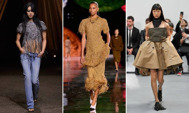 올해 패션계에서는 옷 밑단 술 장식인 ‘프린지’를 활용해 옷을 역동적으로 연출하려는 시도가 이어지고 있다. 알렉산더 맥퀸의 상의(왼쪽 사진), 샤넬의 드레스 소매와 헴라인(가운데 사진), 사카이의 로퍼 등 움직임이 많은 곳에 가미된 프린지가 패션에 생동감을 부여하고 있다. 각 사 제공